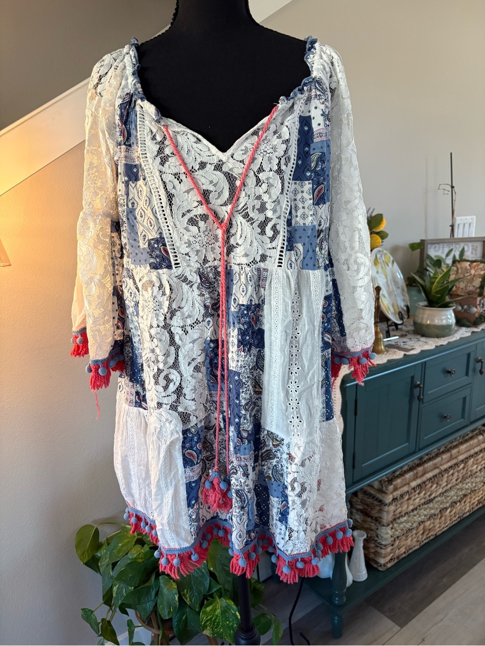 Bohemian Navy & White Lace Patchwork Dress with Coral Tassels